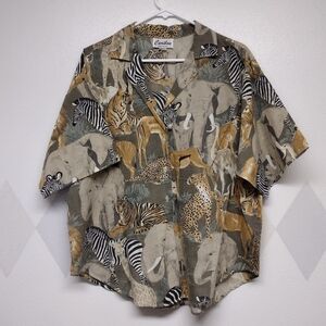 Caribou safari animal print button-up short sleeve camp shirt Vintage